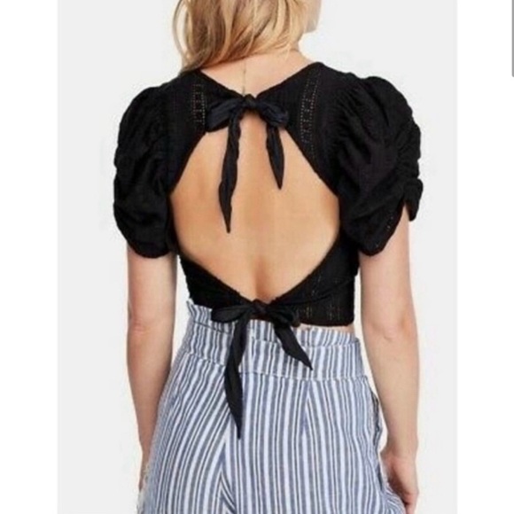 Free People “Star Struck” Eyelet Puff Sleeve Crop Top Black Open Back XS Cotton - Picture 2 of 11